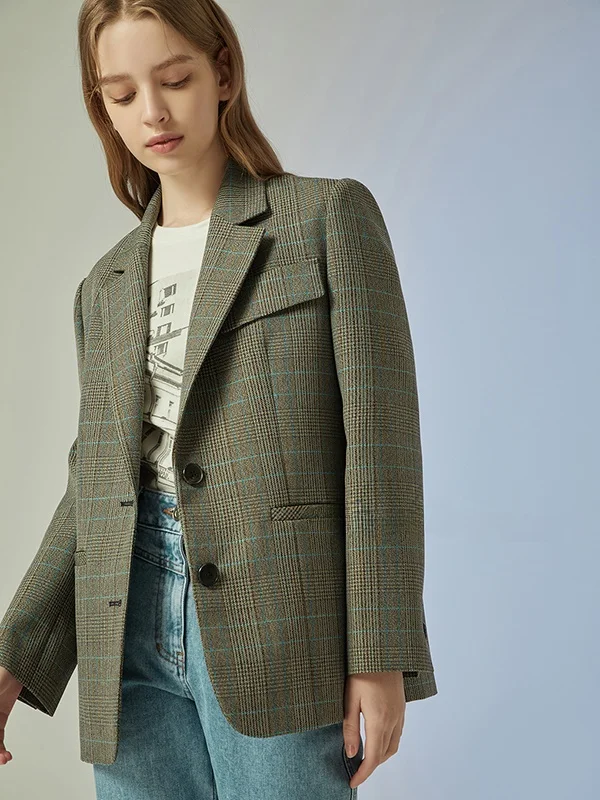 Slimming Commuter Plaid Split Suit Jacket Women's Fashion Casual Long Sleeve Button up Classic Collar All Season Wear