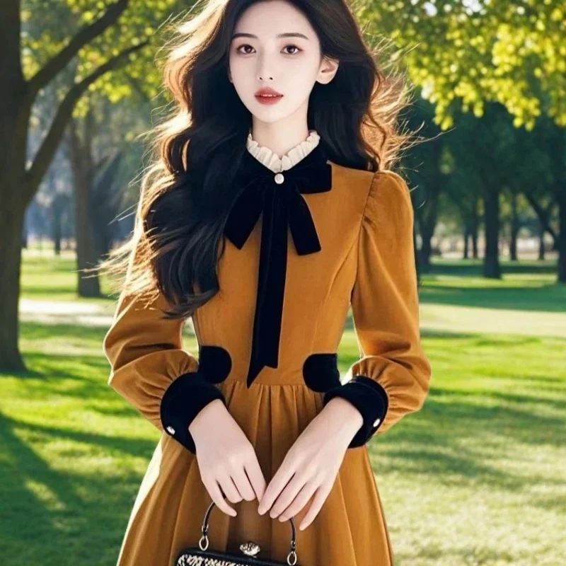 2025 가을 겨울 신상 루즈핏 벨벳 고급 드레스 프랑스 귀족 기질 롱 스커트 키높이/키짧은 여성용