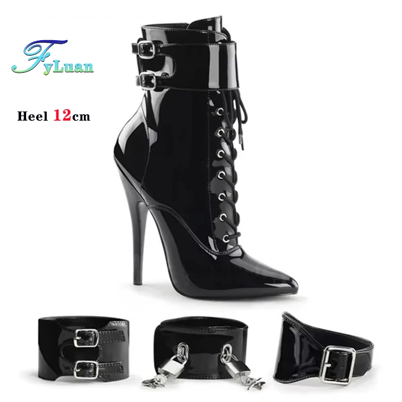 

Размер 35–46, пикантные короткие сапоги для женщин, 12 см, туфли-гладиаторы на шпильке, фетиш-обувь для стриптиза, танцевальные каблуки, черные ботильоны с острым носком, Mujer