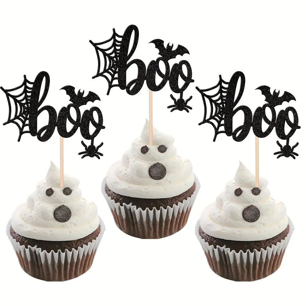 12/24 Stück Halloween Boo Glitzer-Fledermaus Cupcake-Topper, Halloween Geburtstagsparty Kuchendekoration, DIY Backzubehör