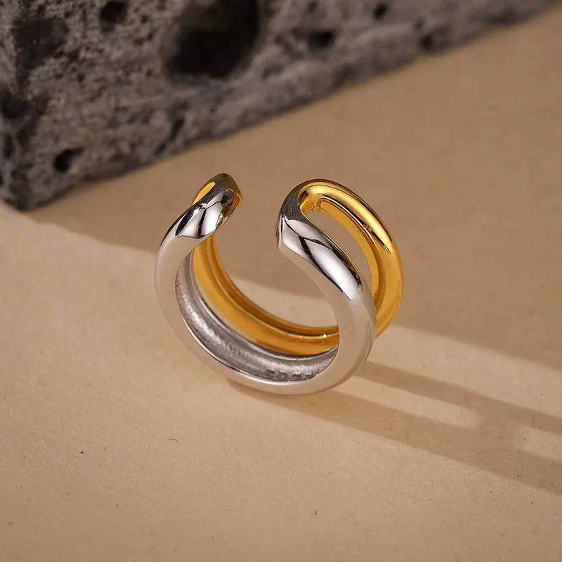 F.I.N.S 1PC Minimalist S925 Sterling Silver Cartilage Ear Clip Two Layer Lines Double Color No Piercing Earcuff Fine Jewelry