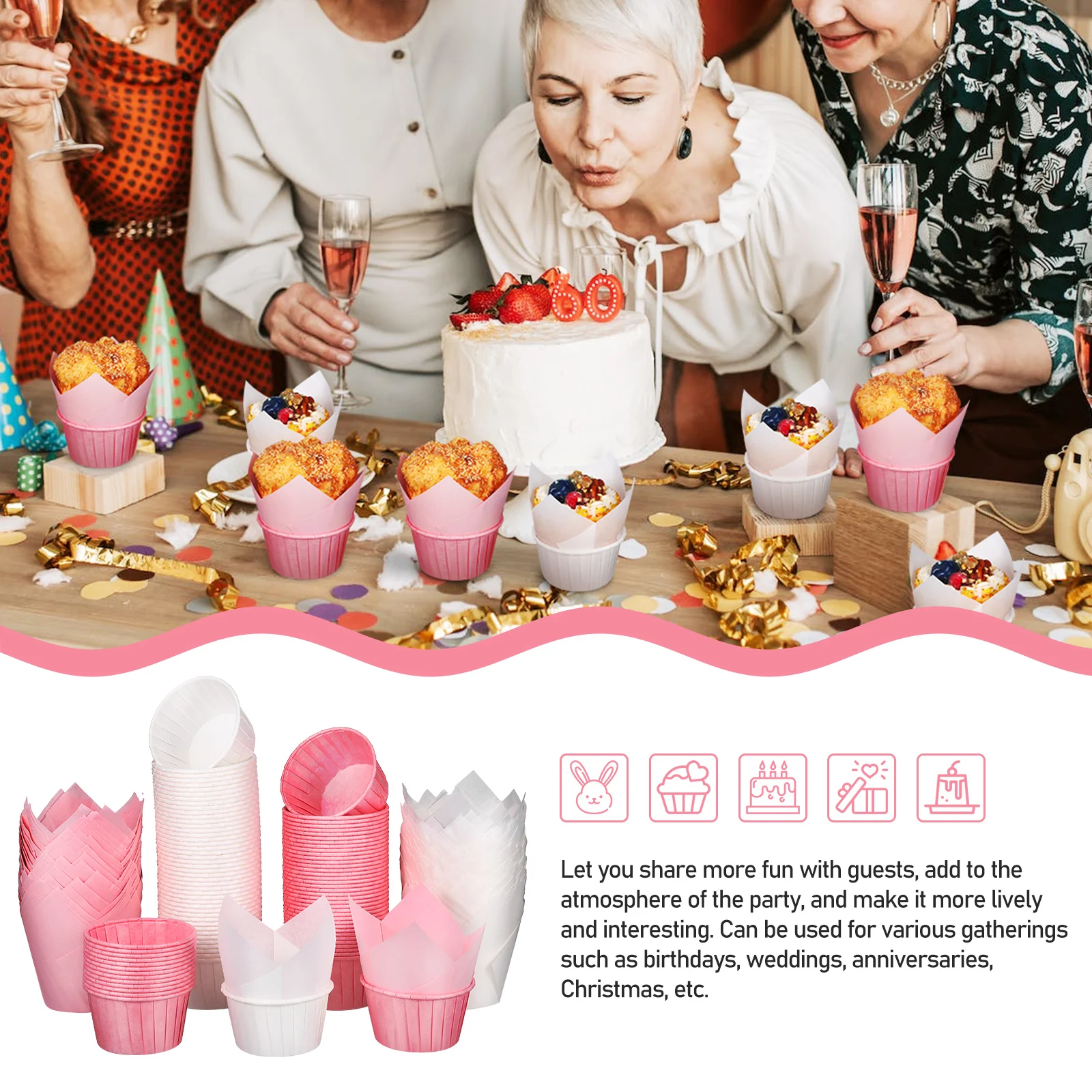 

200pcs Cake Paper Cups 100 White 100 Pink Tulip Cupcake Liners Baking Muffin Cups Safe Hygienic High Temperature Resistant