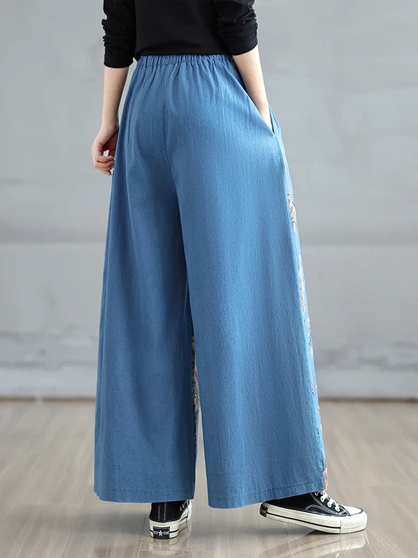 الرجعية الأزهار طباعة فضفاضة المرأة الجينز عالية الخصر مستقيم الساق عارضة السراويل تنوعا ربيع الخريف القطن البوليستر مزيج #5