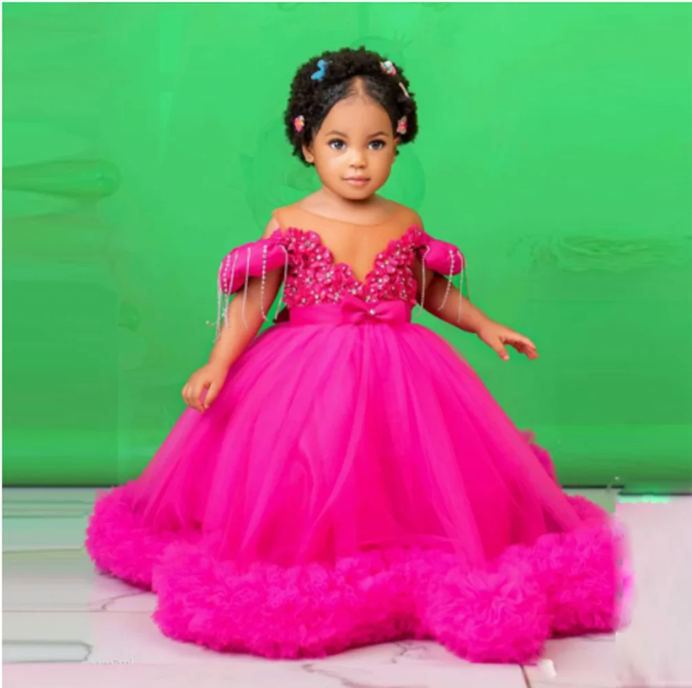 Fucsia neonate festa di compleanno vestito Ruffles Tulle Ball Gown Flower Girl abiti per abiti da spettacolo per ragazze senza schienale da sposa