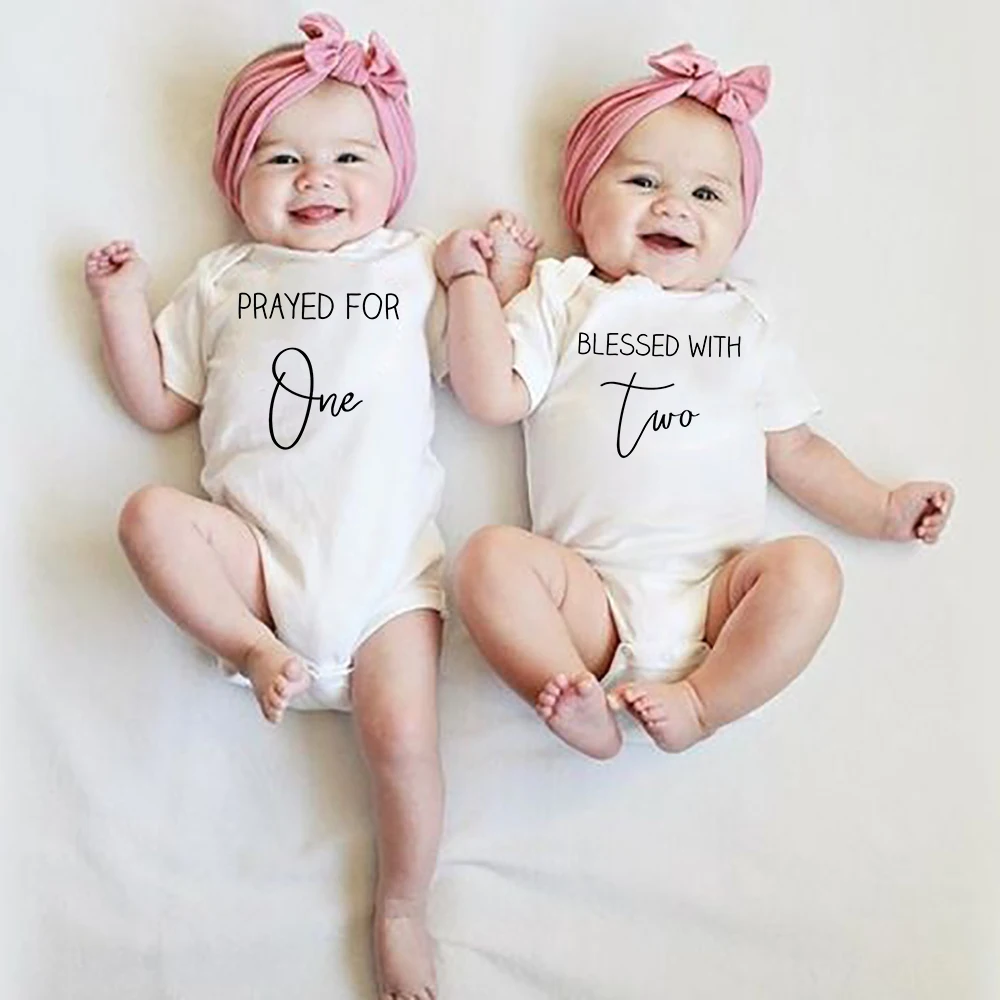 

Prayed for One Blessed Two Twins Baby Bodysuit Newborn Baby Boy Short Sleeve Clothes Ropa Toddler Girl Outfits Twins Present