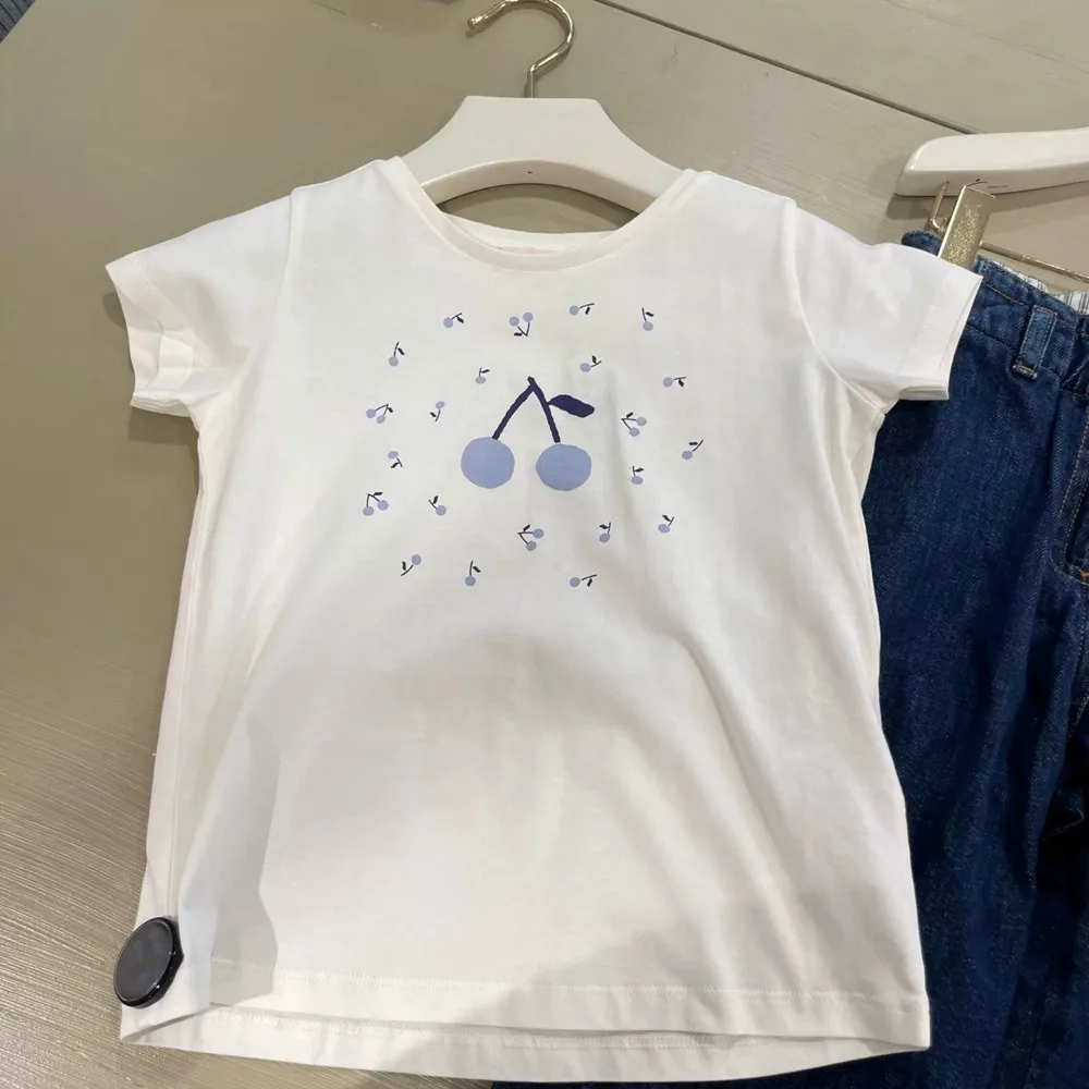 12-14Y kids clothes girls Blue Cherry Pattern Printed T-shirt off white pure cotton comfortable short sleeved T-shirt baby tops