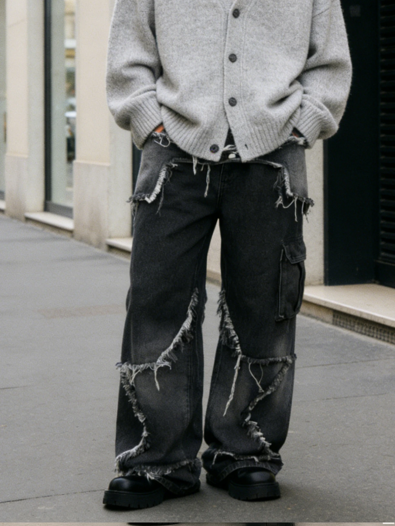 Dark style irregular frayed ripped jeans, men's multi-pocket design, loose drape wide-leg trendy brand long pants