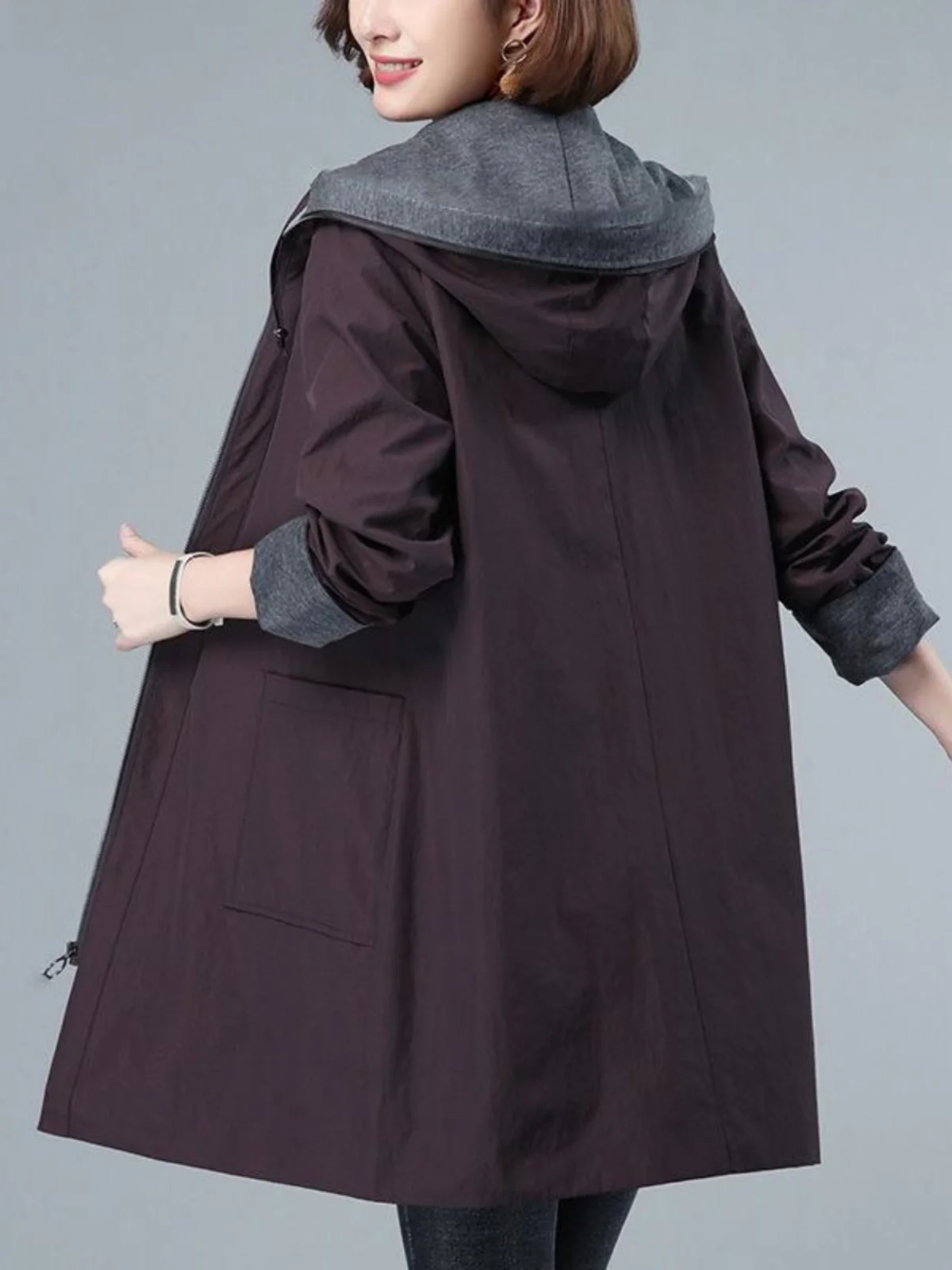 Stylish Mid-Length Coat for plus Size Women Older Adults Fashionable Korean Style Straight Cut Polyester Fiber Zipper Closure