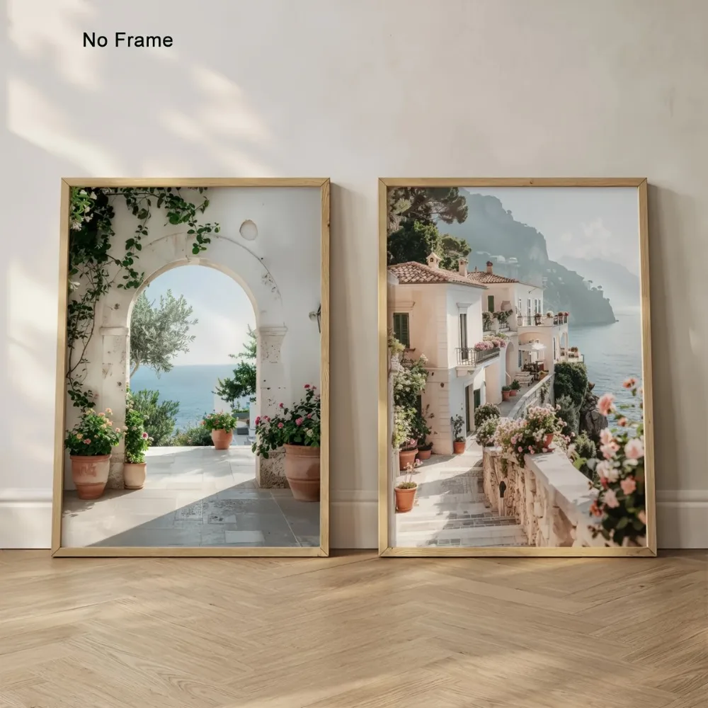 2pcs Frameless,Italian Cliff Edge Village Landscape Wall Art,Mediterranean Wall Art,Positano Wall Poster,Beach Poster Home Decor