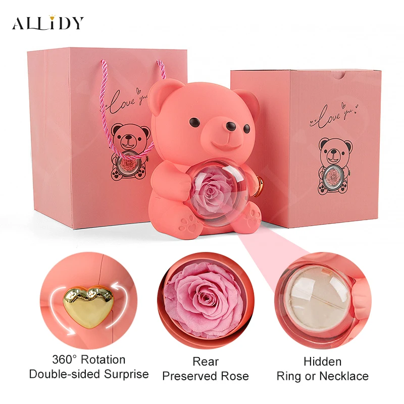 

2024New Surprise Gift Ideas Real Preserved Eternal Rose Teddy Bear Necklace Ring Jewelry Box Christmas Valentine's Day Presents