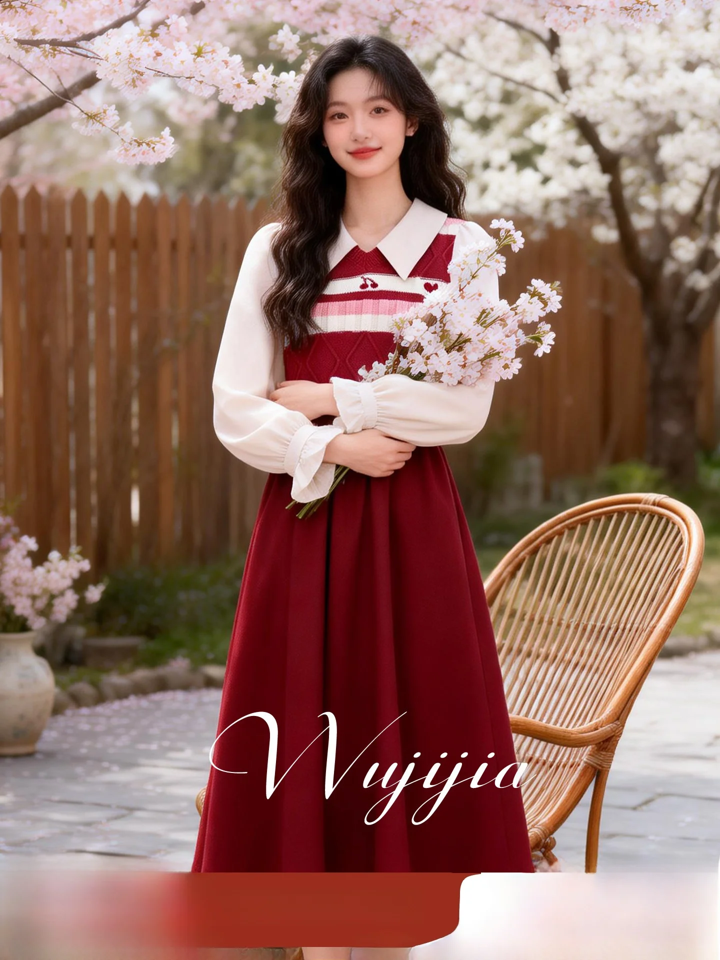 

Spring Early Large Size Women's Dress Collar Long Sleeve Waist Cinched Long Dress A-Line Knitted High Waist Polyester Fiber
