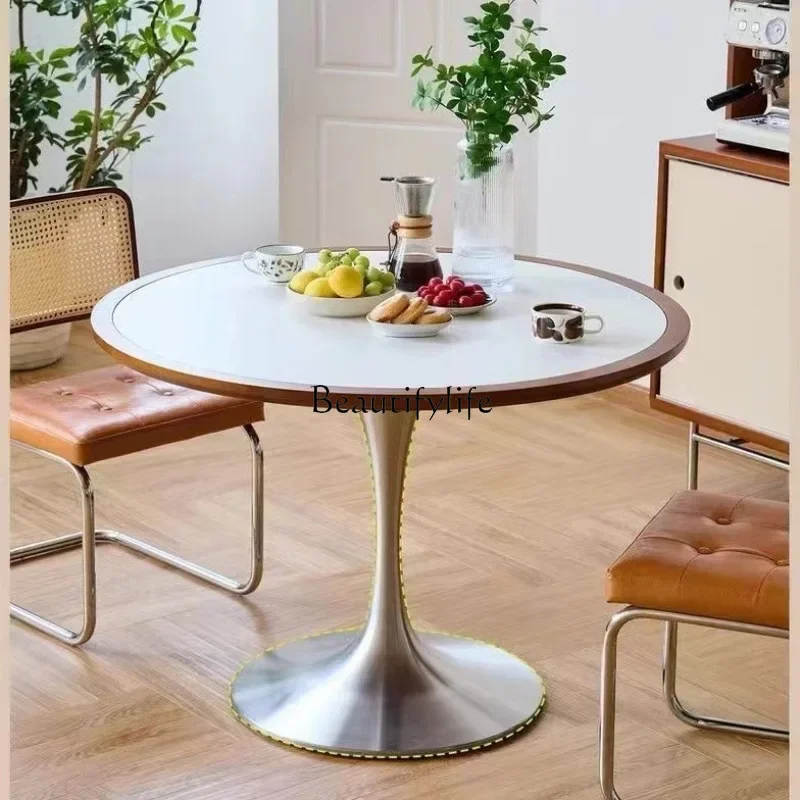 

FG44Medieval retro small round table solid wood stainless steel rock slab dining table