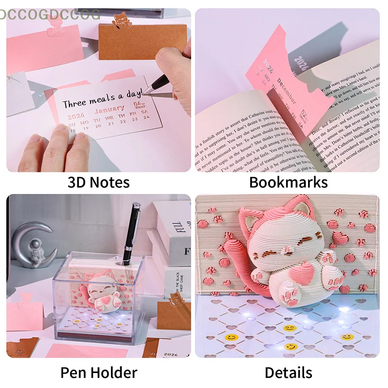 

2026 Desk Calendar Time Piece with LED Light 3D Tear-Away Paper Carving Art Memo Pad Notepad - Unique Christmas Gift