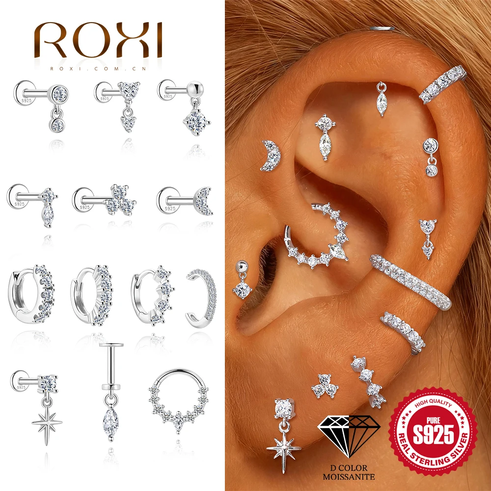 

ROXI 1Pc Moissanite Star Moon Geometric Heart Drop Piercing Earring Women's 925 Sterling Silver Dainty Luxury Anniversary Gifts