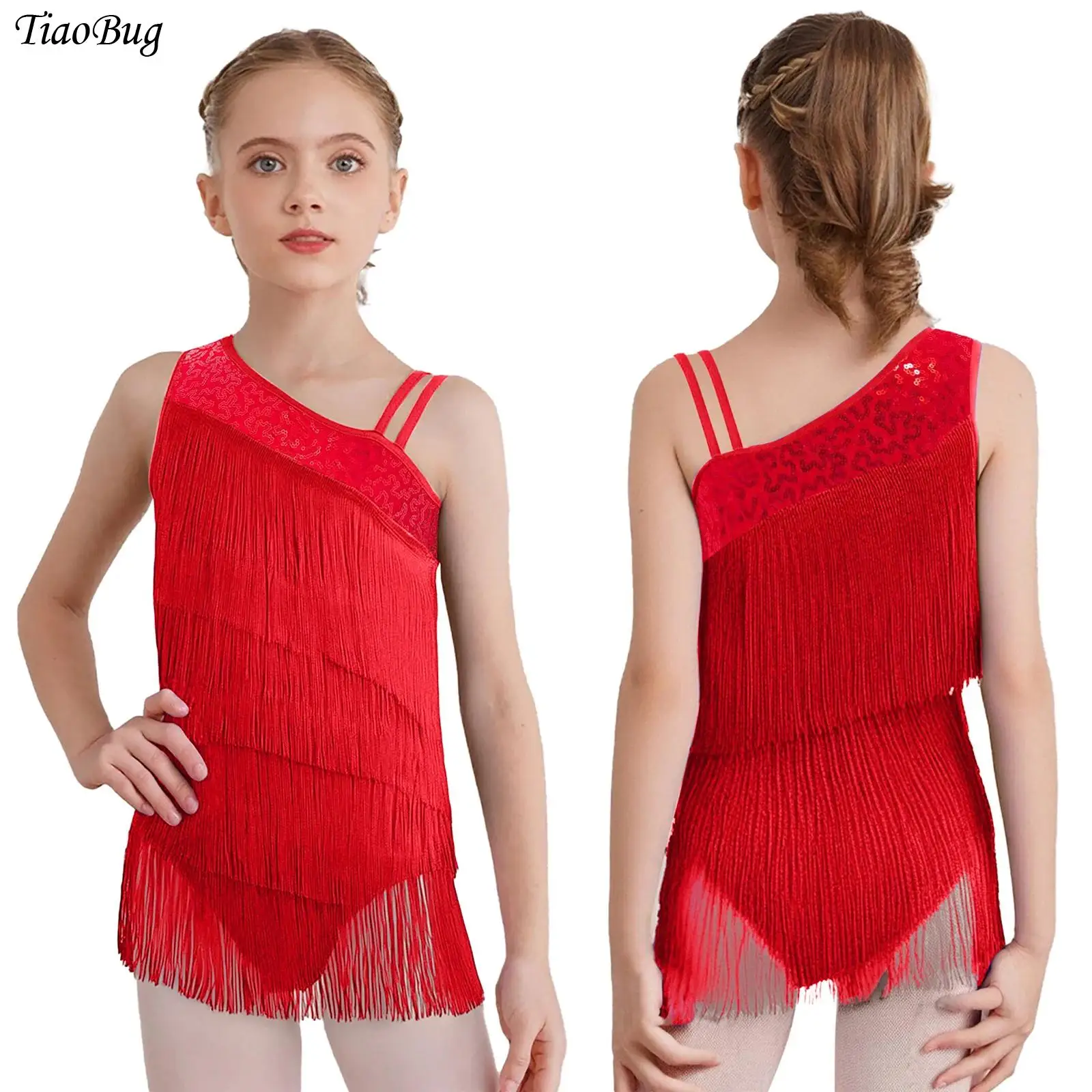 ชุดเต้นลาตินสำหรับเด็กผู้หญิง แบบมีพู่ห้อย แขนกุด ชุดบอดี้สูท แต่งชายครุย สำหรับเต้นบอลรูม โมเดิร์น ชาช่า แทงโก้ รุมบ้า ซัลซ่า และสเก็ต