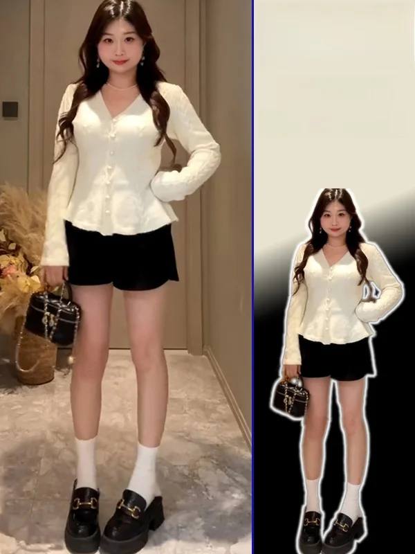 

Slim Fit Knitted Pearl Button V-Ne Sweater Women's plus Size Inner irt Trendy Ci Walk Long Sve Regular Length