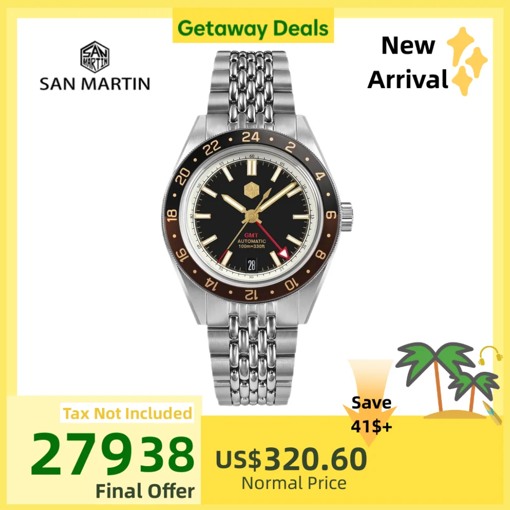 

San Martin 39.5mm Limited Edition Full Lume Dial Automatic Mens Watch NH34 GMT 6H Date 10Bar Luxury Kol Saati SN0116W