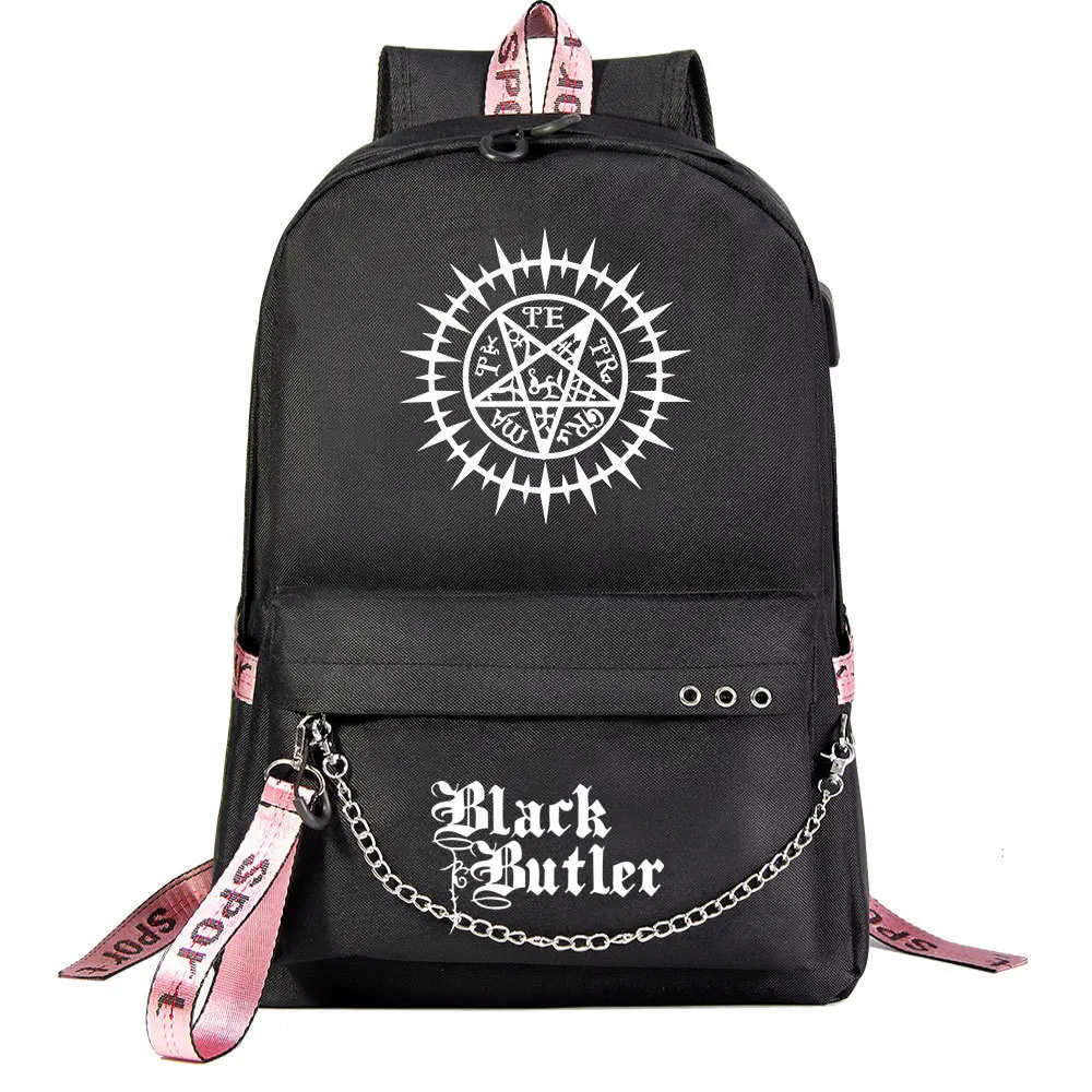 Black Bulter Kuroshitsuji Backpack Wings of Freedom School Book Bags Travel Boys Girls Laptop Headphone USB Port Daily Mochila