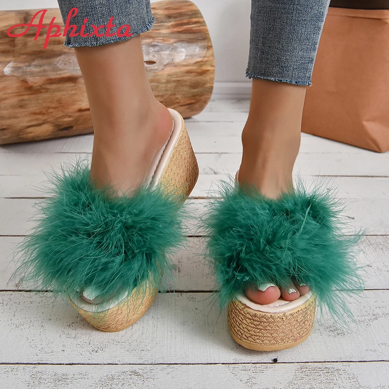 Aphixta Furry Green Wedge Platform Slides Women\'s Shoes 9cm Slippers Flip Flops Heels Shoes Beach Sandals Plus Size 43