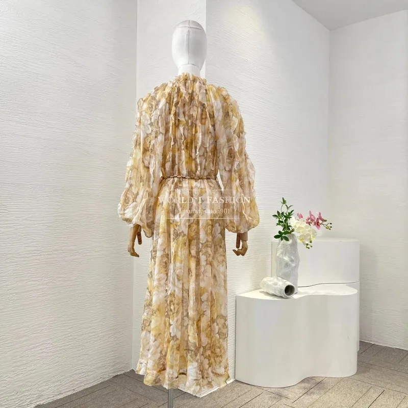 فساتين نسائية صيفية 2025 فستان متوسط الطول بأكمام طويلة وطباعة زهور صفراء عالية الجودة