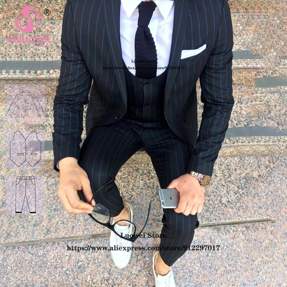 

Fashion Groom Wedding Striped Suits For Men Slim Fit 3 Piece Pants Set Formal Dinner Prom Tuxedo Blazer Terno Masculino Completo