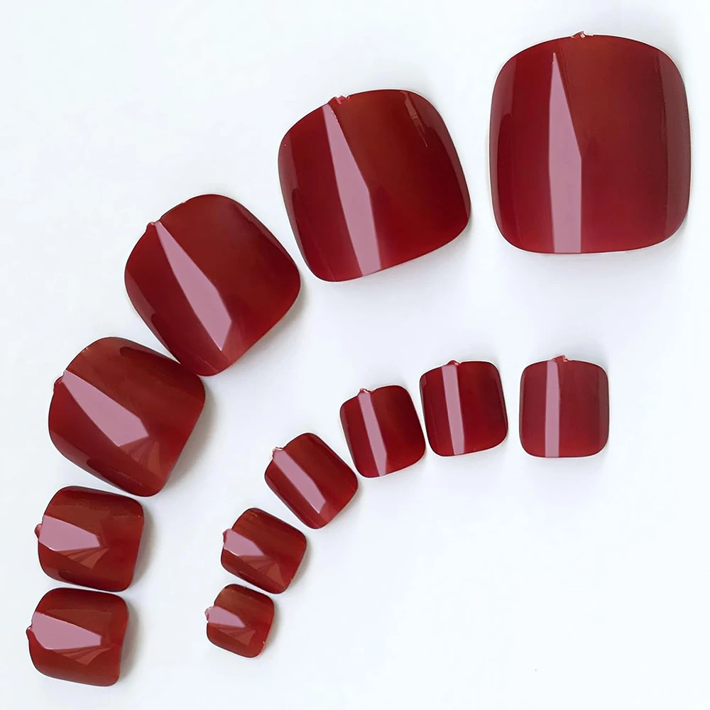 ARTAUG 24PCS Short Square Wine Red Solid Full Cover Full Cover Fake Nail Set Cheap Nails Summer Nails Delicate Nail image 2
