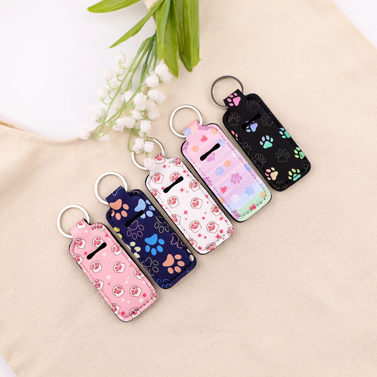 Coloful Dog and Cat Claw Clip On Lipstick Holder Keychain Keyring Accessories Print Trendy Lip Balm Bag Charms Cartoon Key Tag view 6