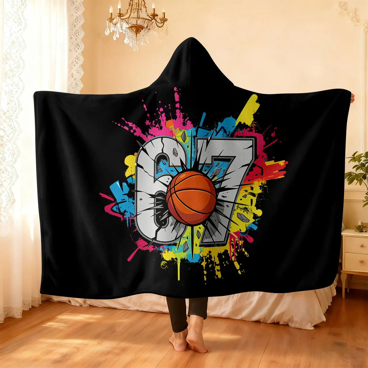 

1pc Inkjet Basketball 67 Element Printed Hooded Flannel Wearable Cloak Blanket Soft And Warm Multi Size Napping Leisure Blanket