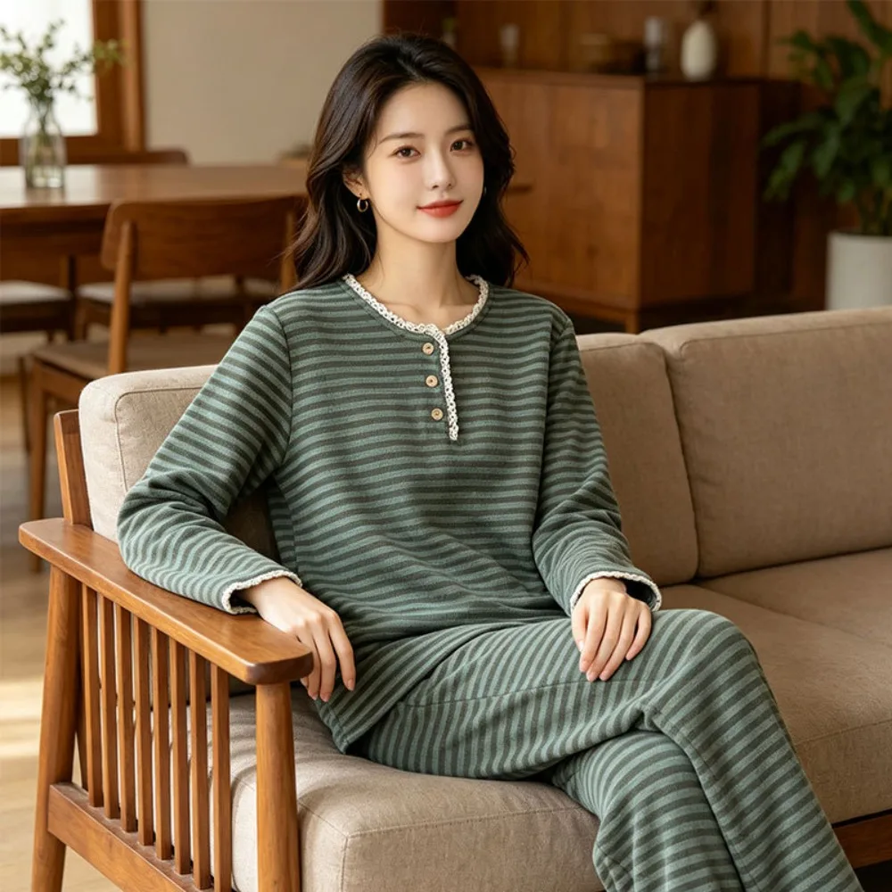 Autumn Winter Sleepwear Striped 2 Pieces Set for Women Pajama Home Wear Women's Loungewear Long Sleeve Tops Pyjama for Ladies