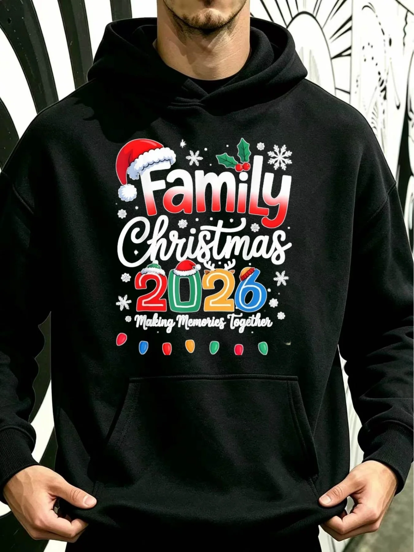 Suéter con capucha de estilo americano vintage para hombre, ideal para Navidad familiar, para recordar momentos especiales, con motivos de gorro navideño, margaritas, copos de nieve y luces festivas.