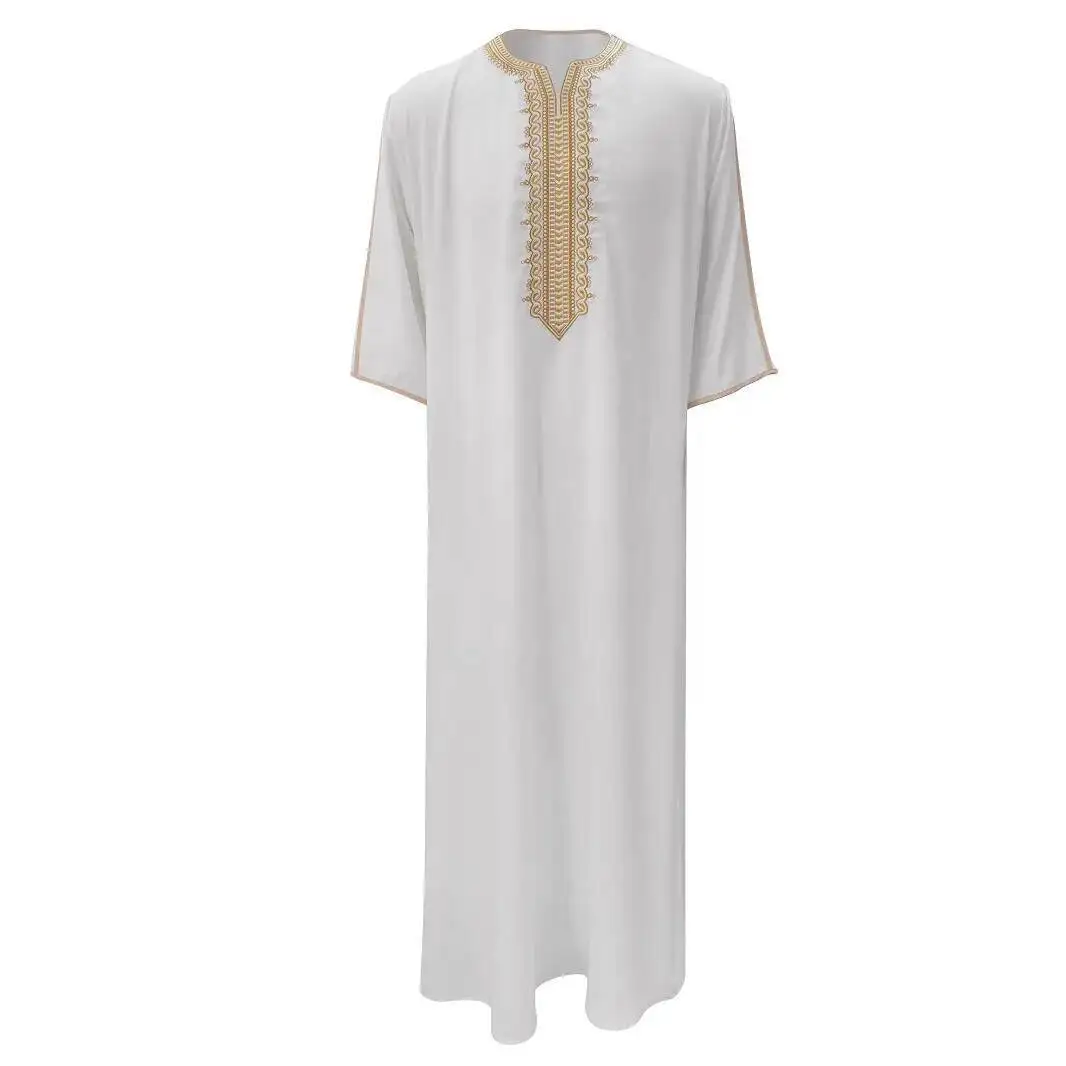 Nuovo abito musulmano ricamato a maniche lunghe con abito da uomo marocchino in stile etnico tasca laterale Ramadan Dubai lusso Islam elegante