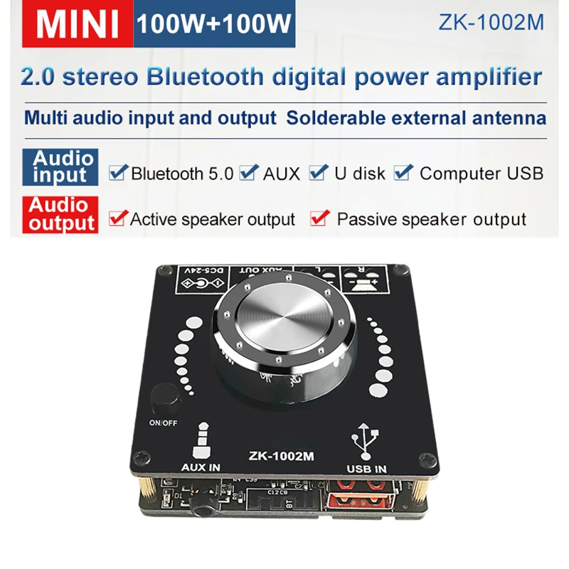 ZK1002M Bluetooth 5.0 AUX USB Audio Input Output Amplifier Audio Amplifier Module 100Wx2