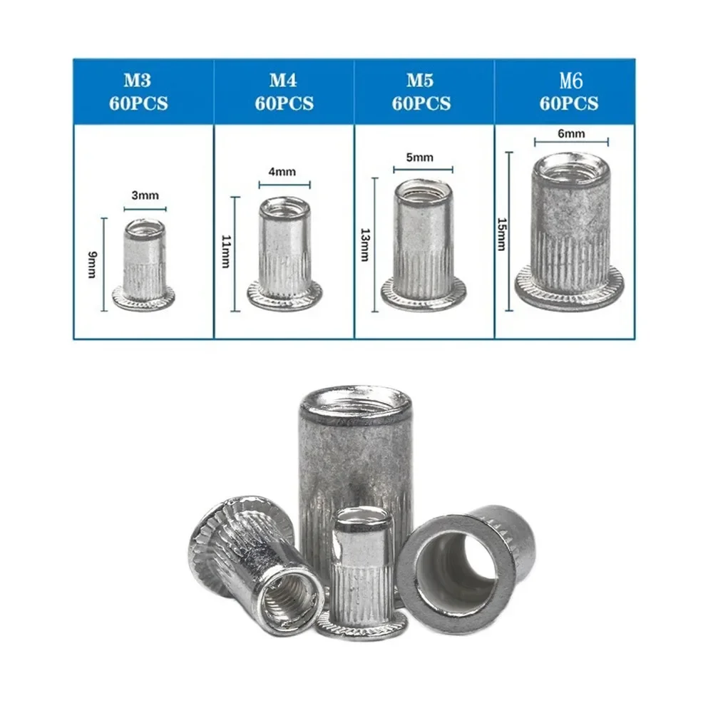 

240pcs Aluminum Rivet Nuts Flat Head Rivet Nut Threaded Rivet Insert Nutsert Cap Rivet Nut M3 M4 M5 M6