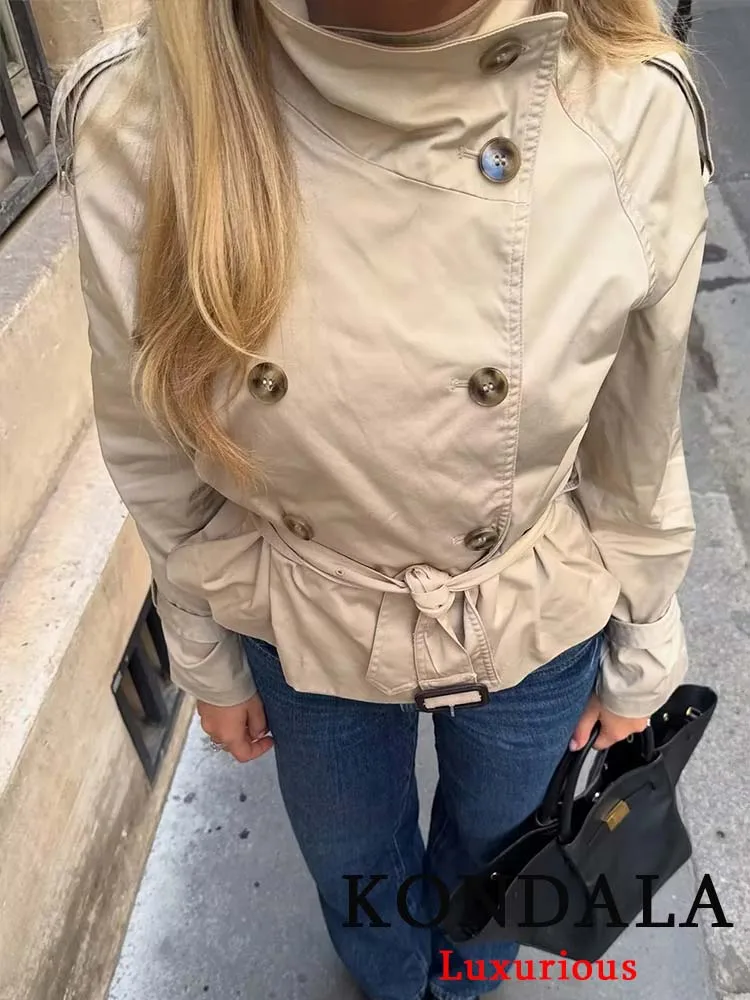 

KONDALA повседневные шикарные однотонные женские пальто с отложным воротником, двубортные короткие куртки с поясом, новая мода, осень 2024, женские пальто