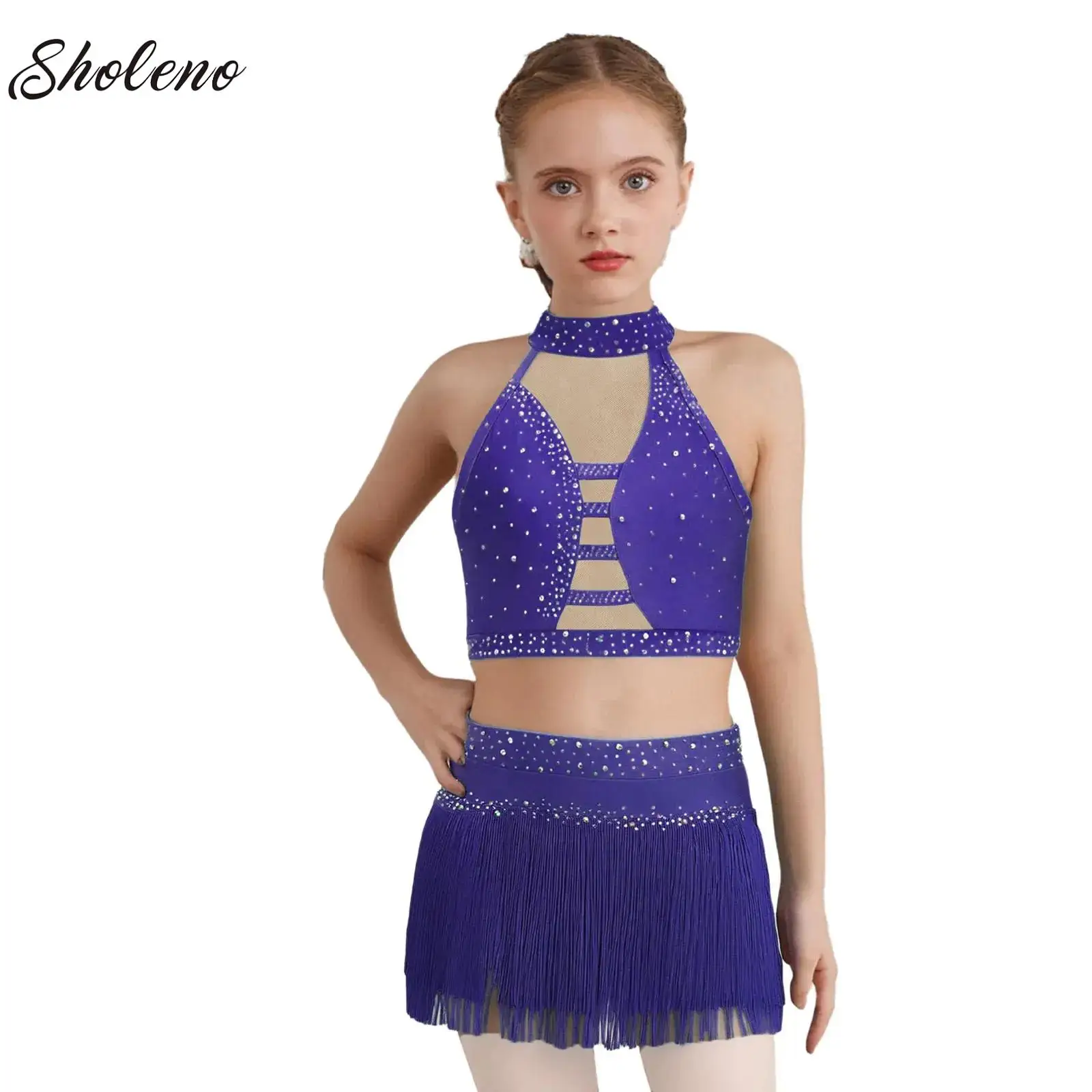 

Kids Girls Latin Cha-cha Tango Dance Performance Costume Rhinestones Tassel Crop Top And Briefs Skirts Jazz Modern Dancewear Set