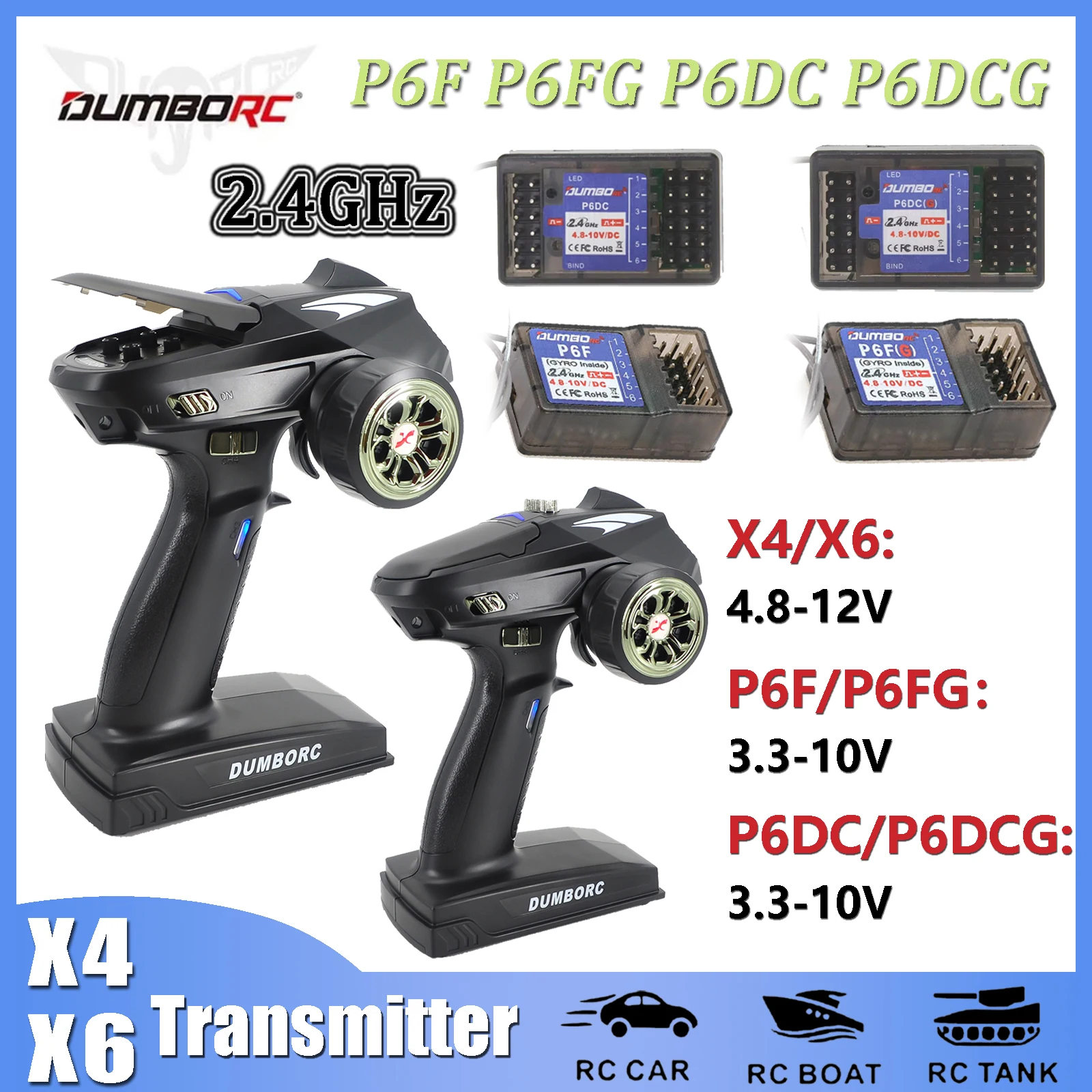 

DUMBORC X4/X6 2.4G Remote Control Transmitter 6 Channel W/Gyro Receiver for 1/10 1/8 Axial SCX10 D90 RC Crawler Vehicle Car Boat