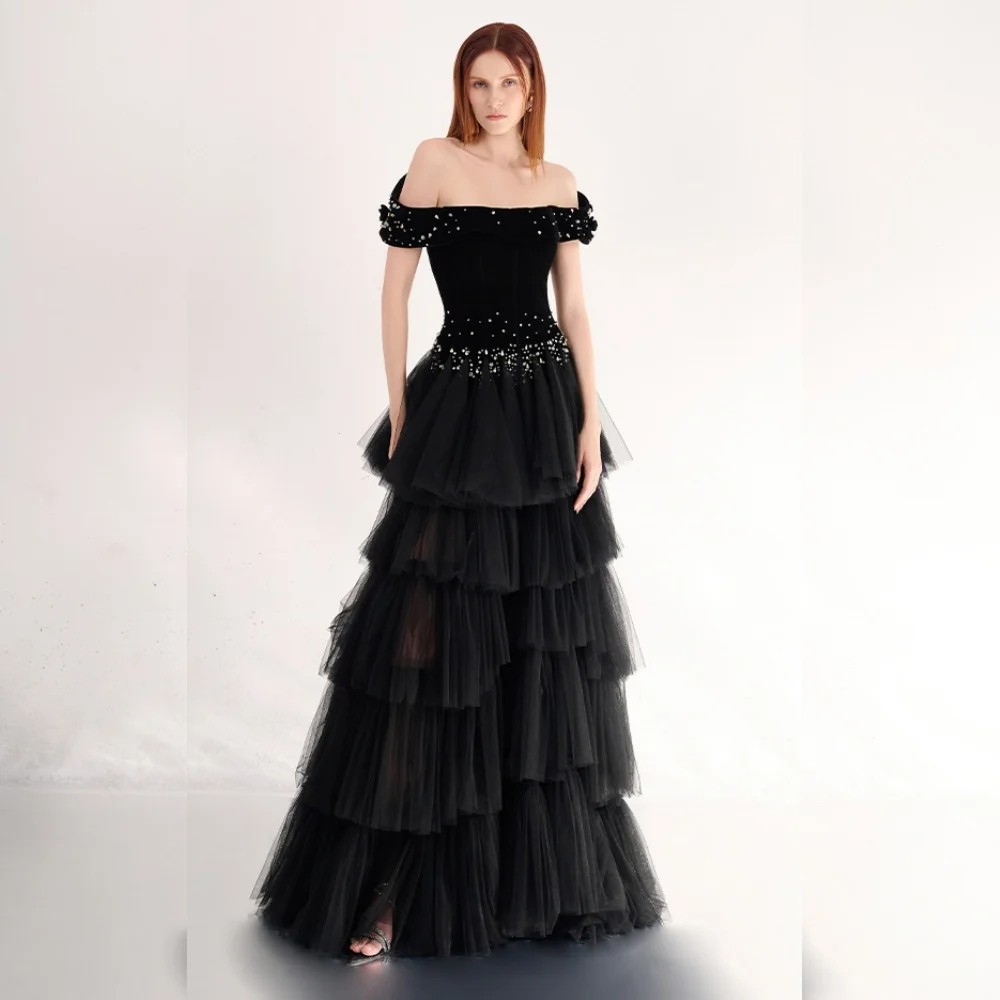 

Customized Elegant Tulle Pleat Sequined A-line Boat Neck Long Dresses Bespoke Occasion Evening Formal Classic
