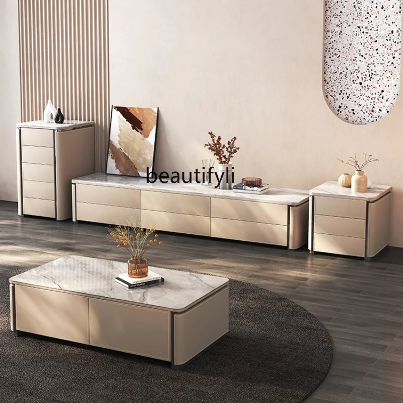 

Italian Solid Wood Stone Plate Square Coffee Table Modern Minimalist Living Room Saddle Leather Tea Platform Light Luxury
