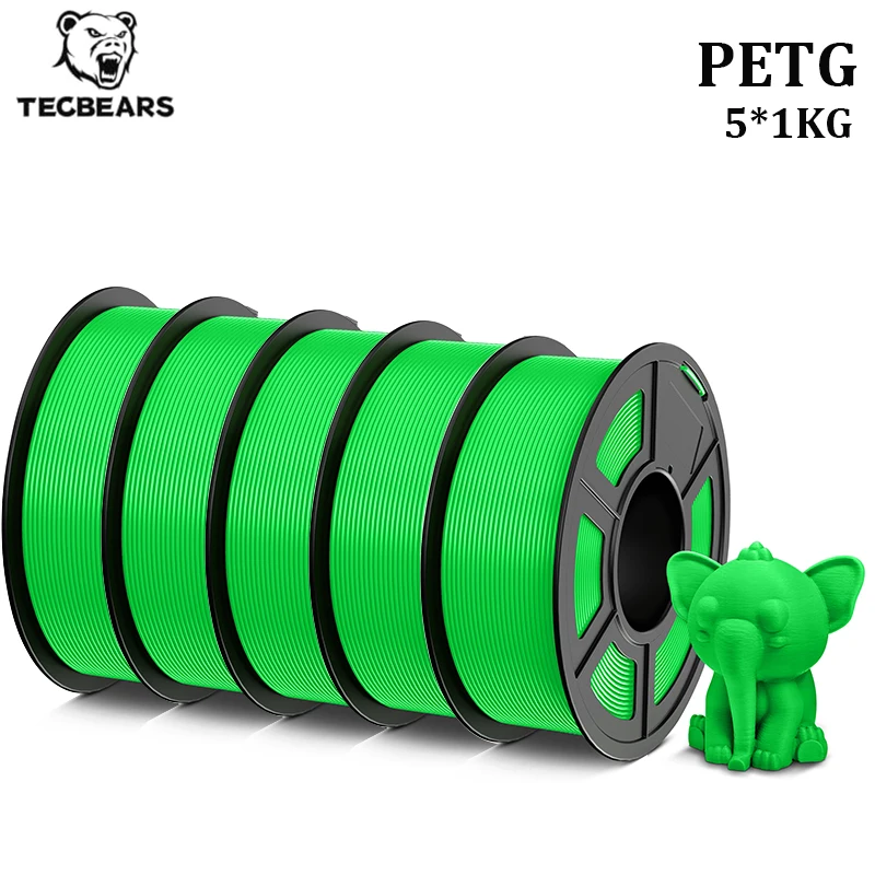 TECBEARS PETG 3D-printerfilament PETG 1,75 mm 5 rollen 100% geen bubbels Hoge taaiheid Netjes gewikkeld voor FDM DIY 3D-printmateriaal