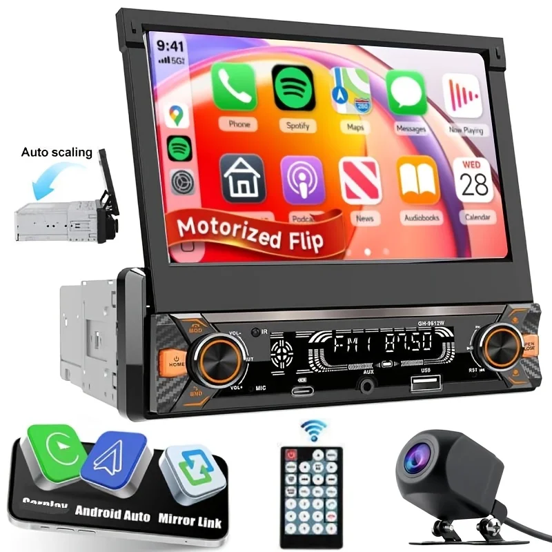 Single Din Car Stereo, 1Din 17.78cm Motorized Flip Out Touchscreen MP5 Player with Wired Carplayer & Android Auto