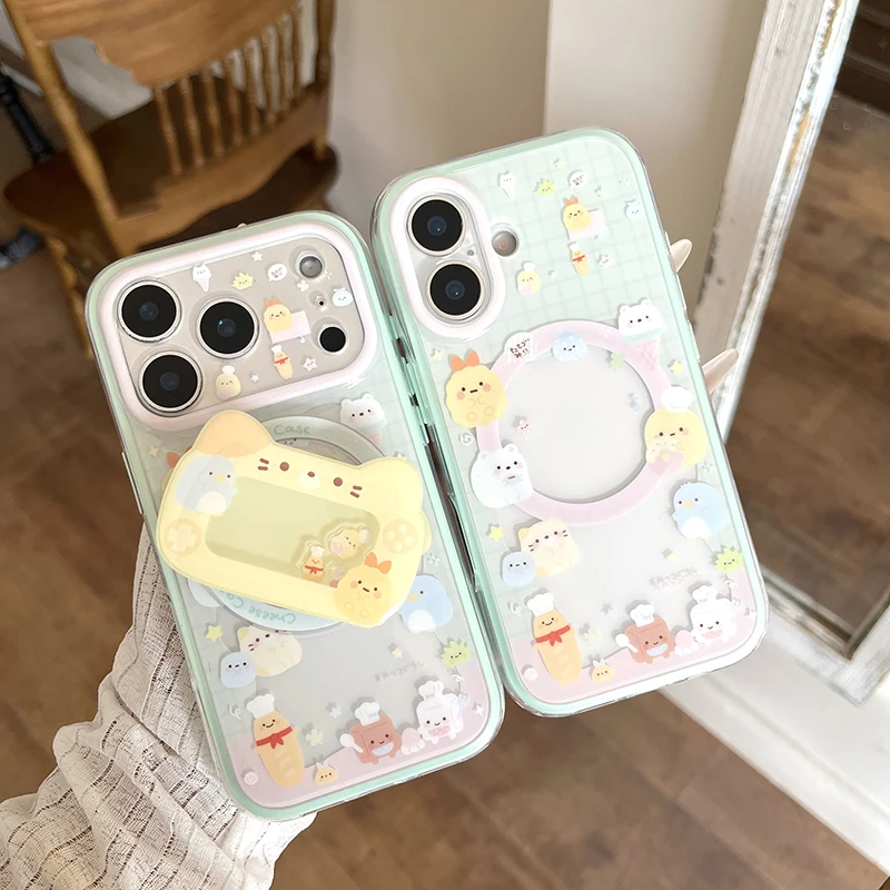 Kawaii Cartoon Animal Magnetic Phone Case For iPhone 17 Pro 16 15 Pro Max Cover with Magsafe Stand Holder Shockproof Cute Cases