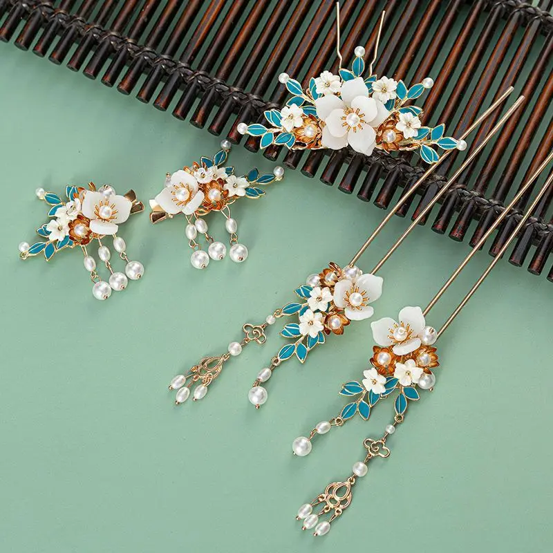 

Burnt Blue Hair Accessories Tassel Step Phoenix Crown Pearl Butterfly Cloisonne Full Set Alloy Hairpin