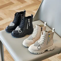 Outono inverno meninas botas estilo britânico crianças botas de tornozelo lantejoulas amor princesa botas ao ar livre antiderrapante crianças sapatos casuais