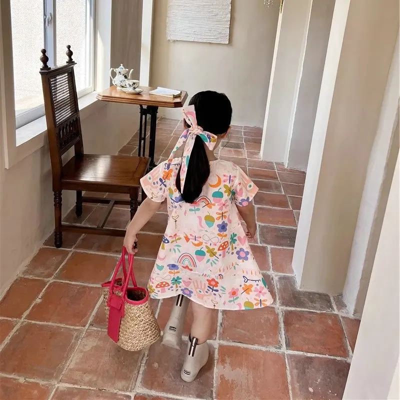 Girl's Dress Cartoon Rainbow Dress Princess Dress Hair Hoop for Free25Summer New Foreign Trade Children's Wear Delivery