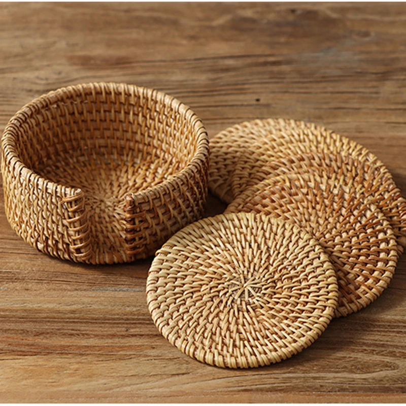 LuanQI-Natural Round Rattan Coaster, Hand Made Cup Mat, Tea Coffee Mug, Drinks Holder, Tableware Decor, Insulation Pads, 1Pc