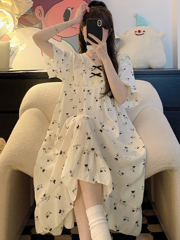 

Summer Sleepwear Women's Short Sleeve Thin Cloud Cotton plus Size Cute Long Dress Home Clothes V-neck Sleeveless Sweet Style