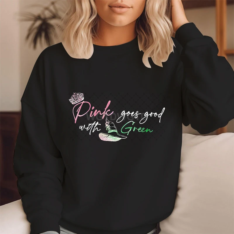 Pink Goes Good with Green Letter Print Creative Witch Hat Sweatshirts Women Long Sleeve Hoodies Wicked Change for Good Pullover