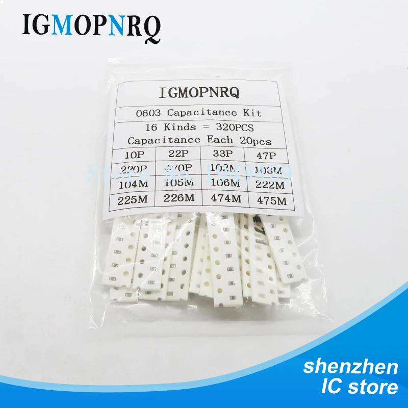 

16values*20pcs=320pcs 0603 SMD Capacitor assorted kit 10PF-22UF Samples kit