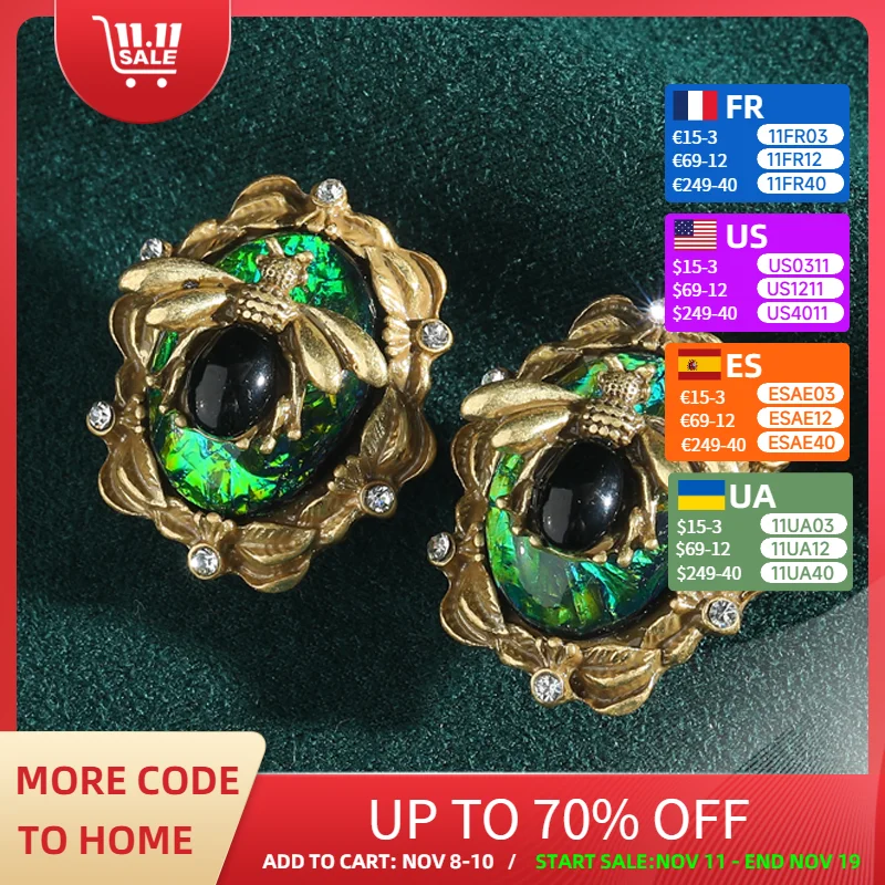

Vintage Moth Opal Earrings Studs Antique Gold Color Rhinestone Bee High Quality Party Designer Luxury Brand Jewelry 2025 Trendy