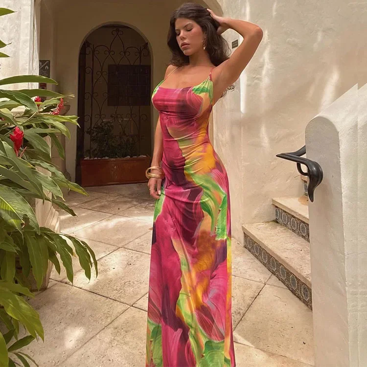 CPSYMYM Elegante abito in chiffon floreale con tintura a cravatta Estate donna sexy senza schienale in pizzo aderente vedere attraverso abiti da festa in spiaggia